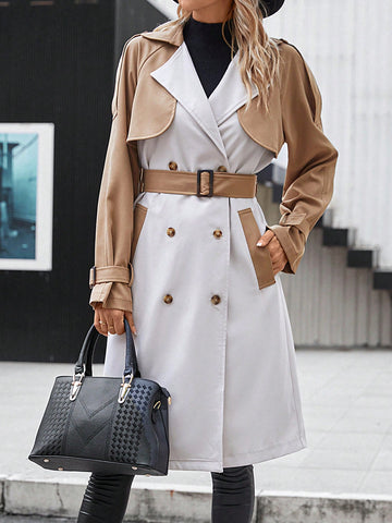 Two Tone Double Breasted Belted Trench Coat