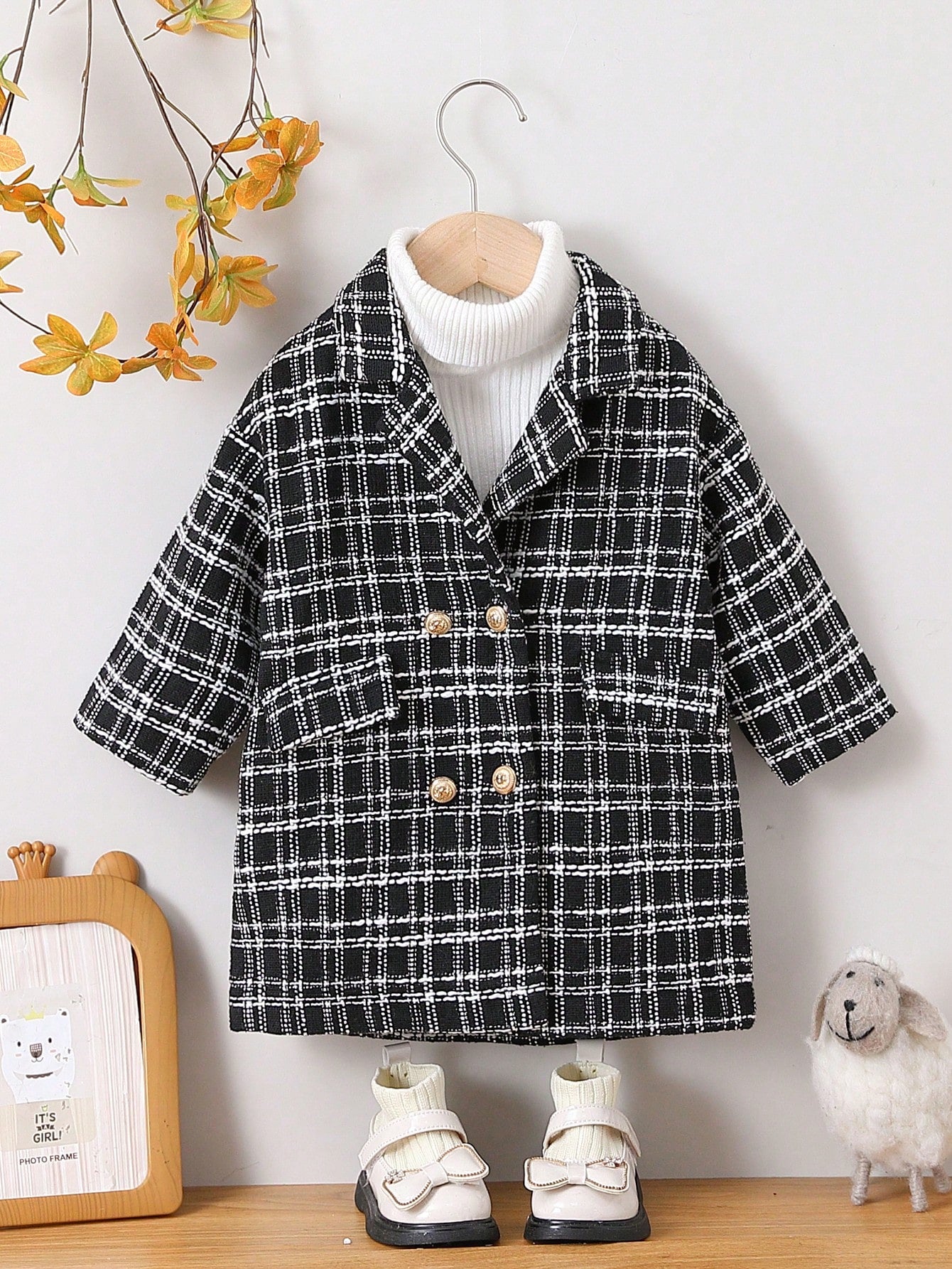 Baby Girl Plaid Print Double Breasted Lapel Neck Coat Without Sweater