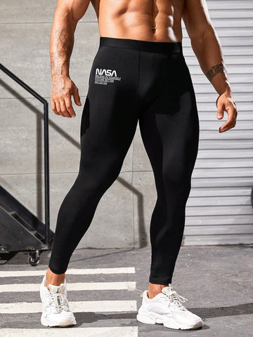 Men Slogan Graphic Sports Tights