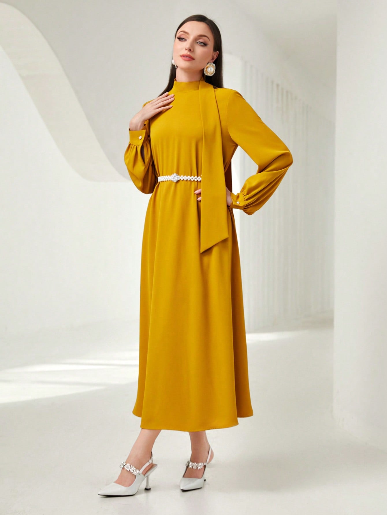 Mock Neck Lantern Sleeve Dress Without Belt