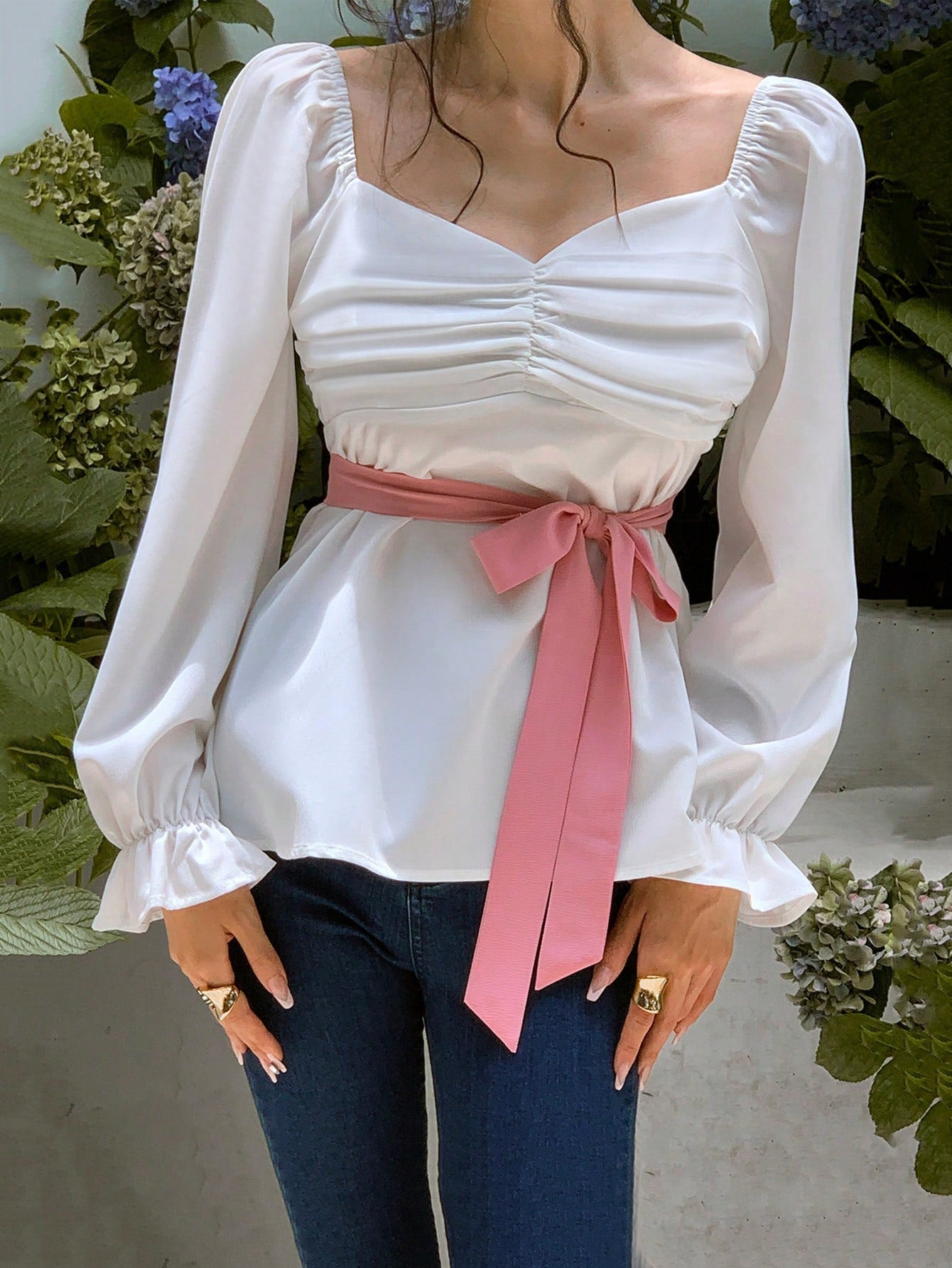 Sweetheart Neck Flare Sleeve Ruched Belted Blouse