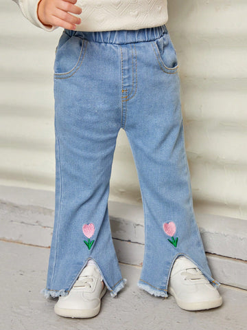 Baby Girl Tulip Embroidery Raw Hem Flare Leg Jeans