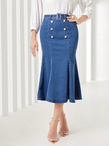 Double Breasted Mermaid Hem Belted Denim Skirt