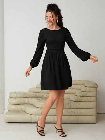 Solid Lantern Sleeve A-line Dress