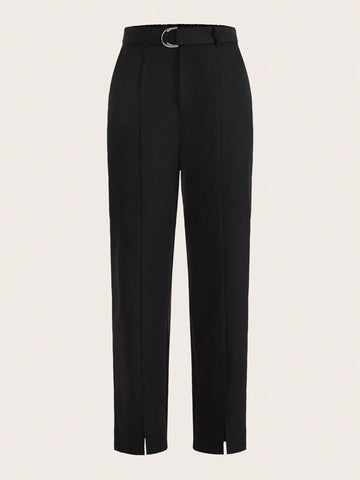 Solid Split Hem Belted Pants