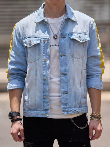 Men Flap Pocket Contrast Side Seam Denim Jacket