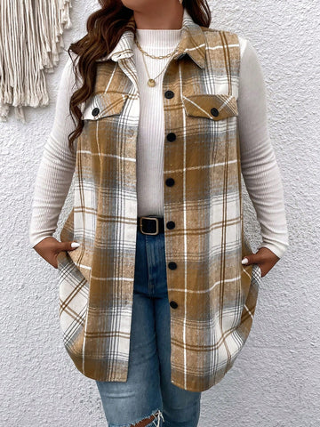 Plus Plaid Print Flap Detail Sleeveless Coat