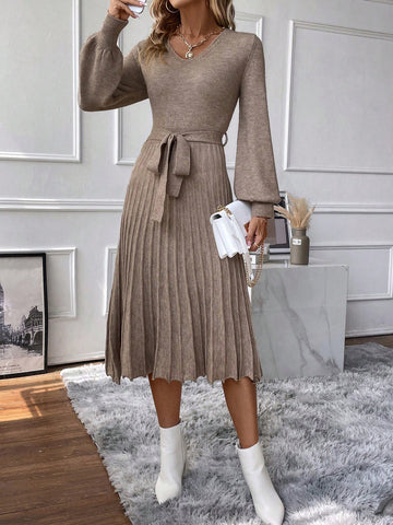 Lantern Sleeve Pleated Hem Belted Sweater Dress