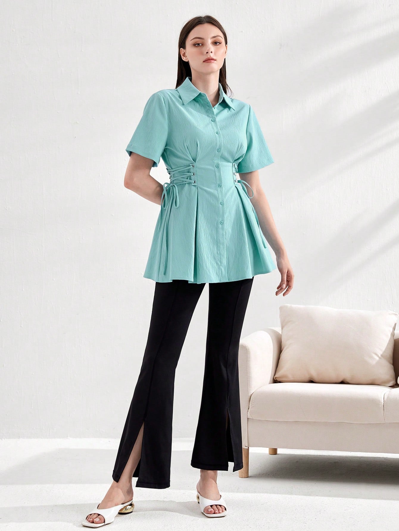 Lace Up Side Fold Pleated Detail Shirt