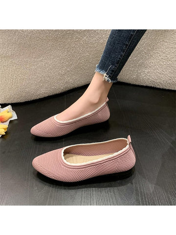 Women's Pointed Toe Mesh Fabric Flats, Pink Color, Breathable Knitting Design, Slip-on Style, Low Heel
