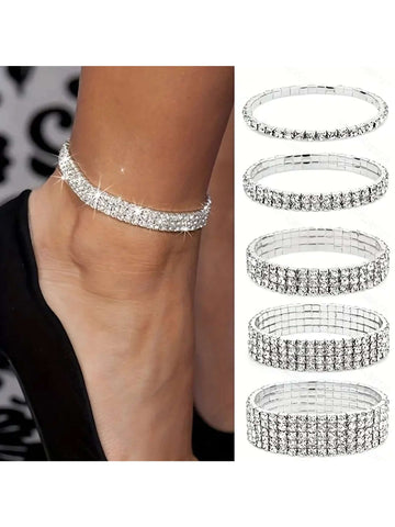 Fashionable & Simple Women's Full Rhinestone Decor Elastic Anklet Bracelet, 1 To 5 Lines, For Birthday, Wedding Or Party Accessory