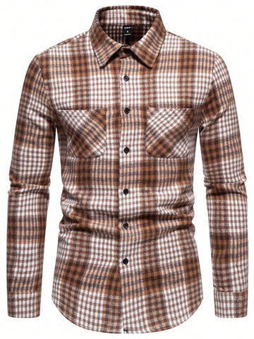 Men Plaid Print Pocket Patched Button Up Overcoat