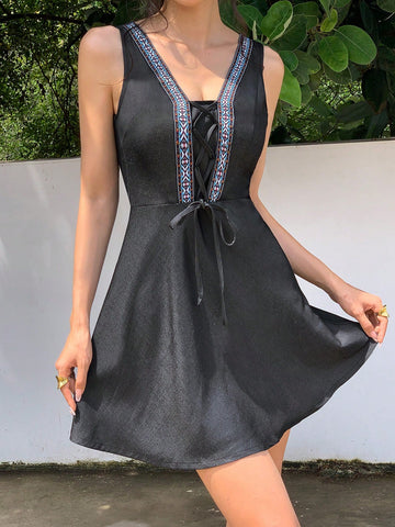 Contrast Tape Lace Up Front Dress