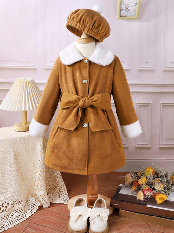 Young Girl 1pc Borg Collar Belted Coat