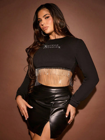 Rhinestone Fringe Hem Crop Sweatshirt