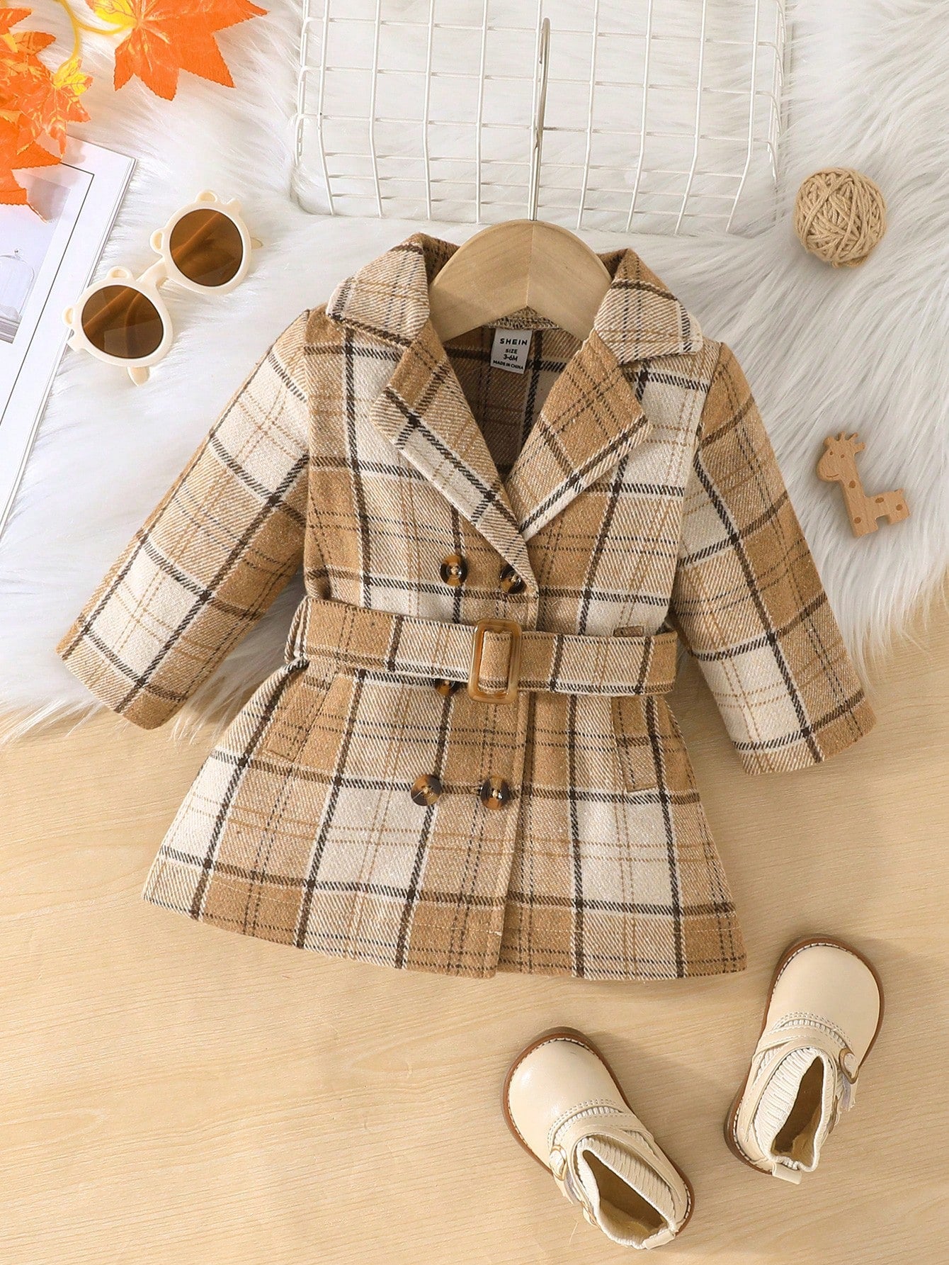 Baby Girl Plaid Print Double Breasted Belted Overcoat