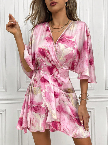 Marble Print Batwing Sleeve Wrap Detail Dress