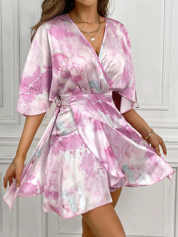 Tie Dye Batwing Sleeve Wrap Knot Side Dress