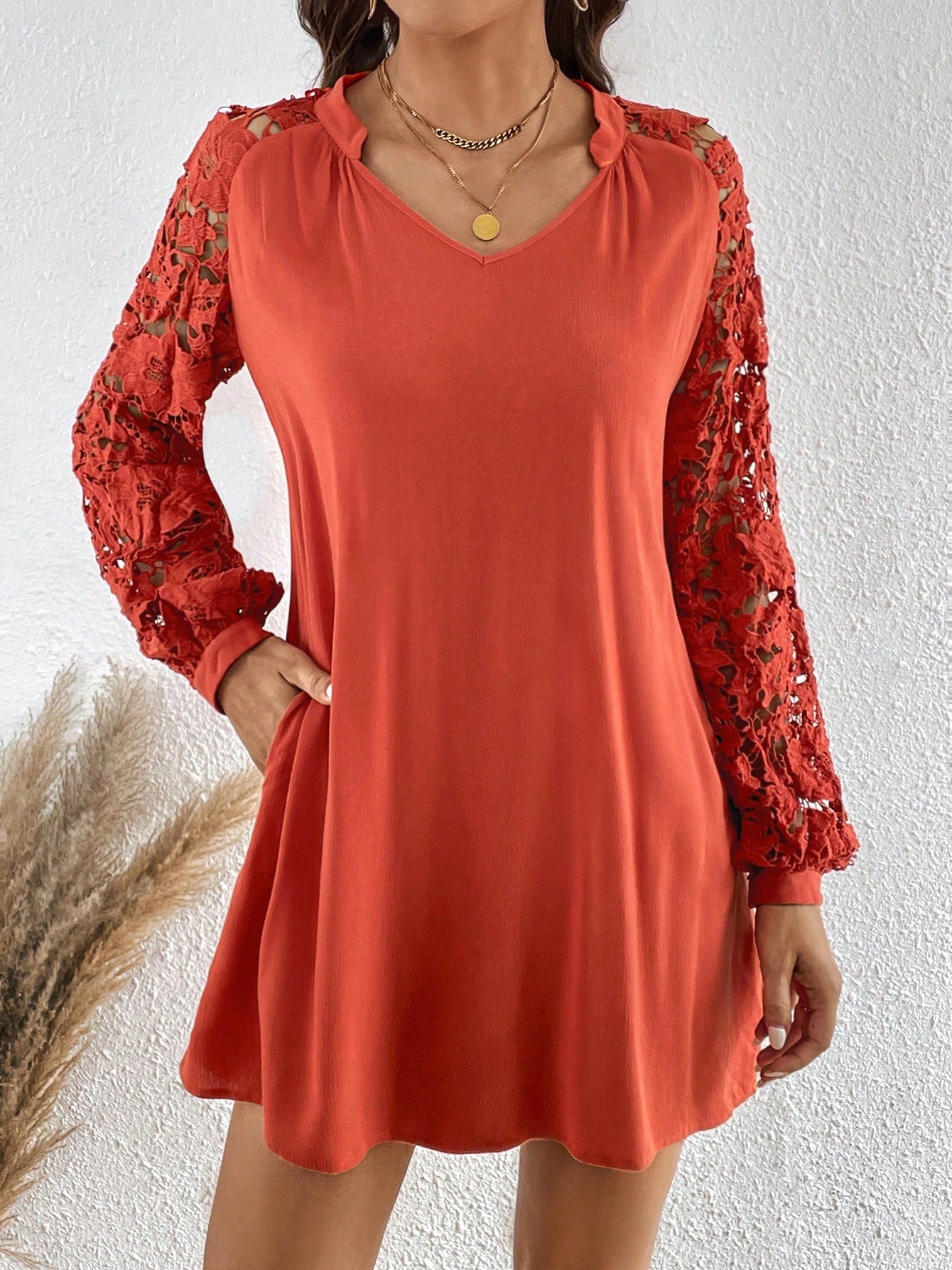 Contrast Lace Lantern Sleeve Tunic Dress