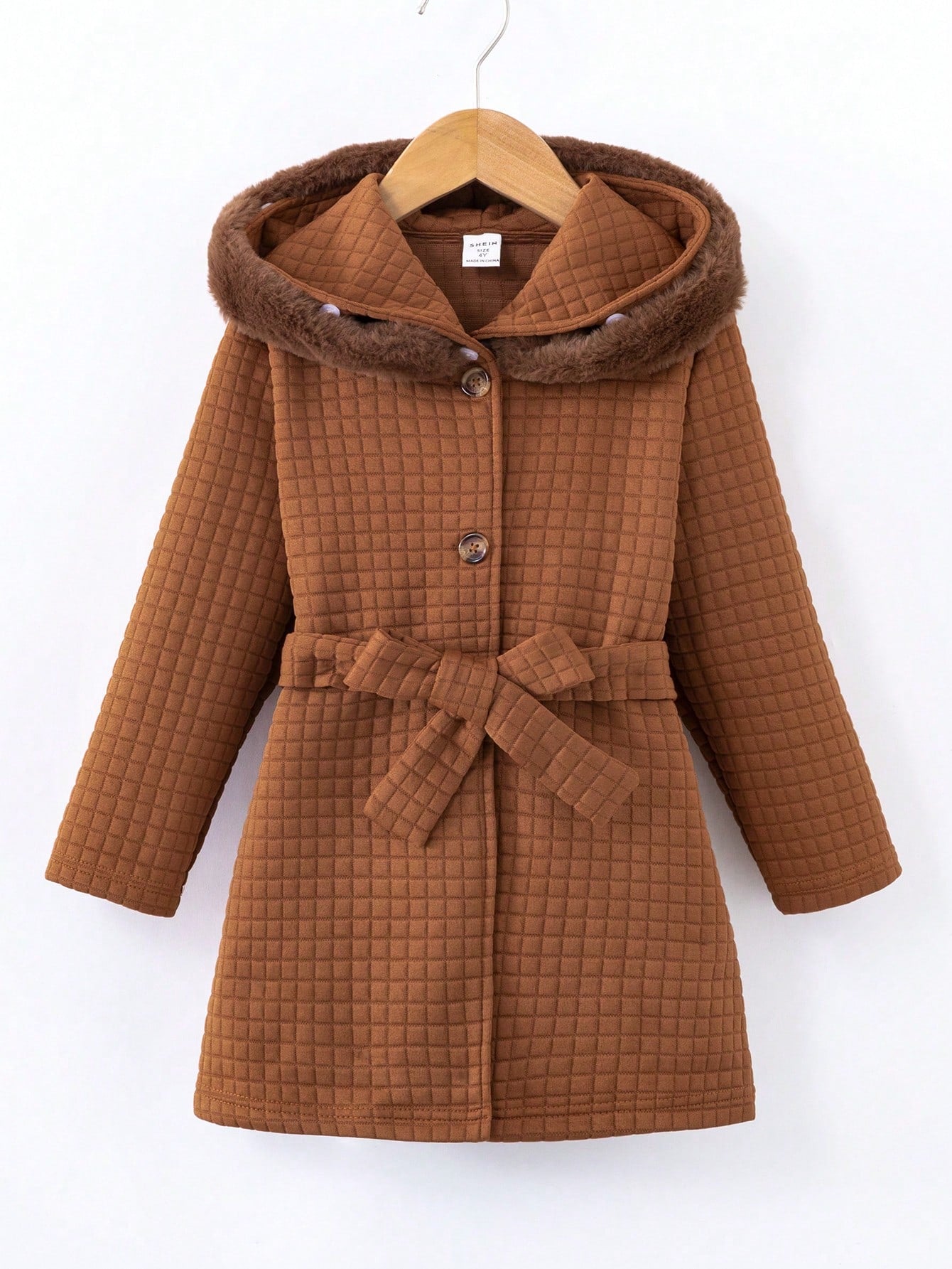 Young Boy Fuzzy Trim Hooded Belted Quilted Coat