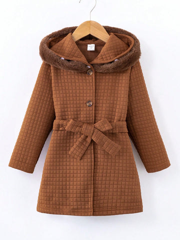 Young Boy Fuzzy Trim Hooded Belted Quilted Coat