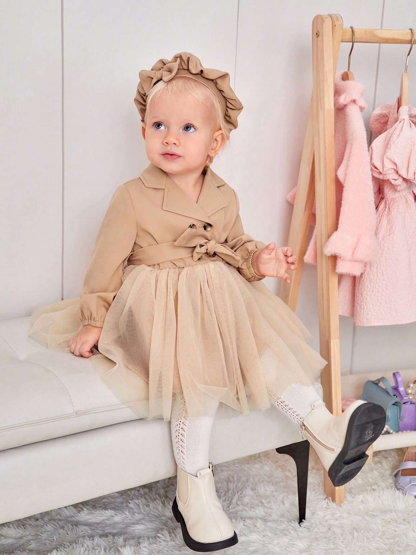 Baby Girl Double Breasted Mesh Hem Belted Dress