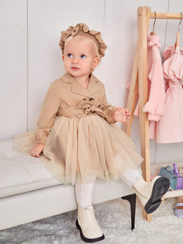 Baby Girl Double Breasted Mesh Hem Belted Dress