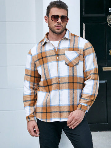 Men Plus Plaid Print Patched Pocket Overcoat