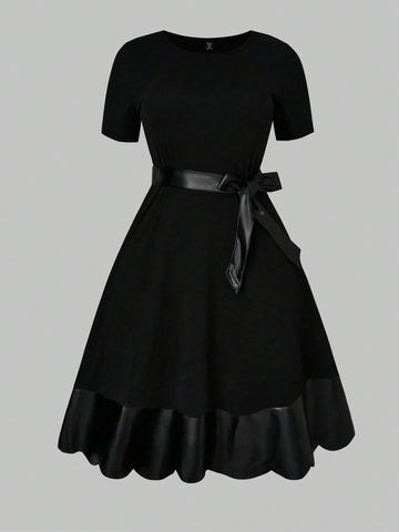 Plus Solid Belted Ruffle Hem Dress