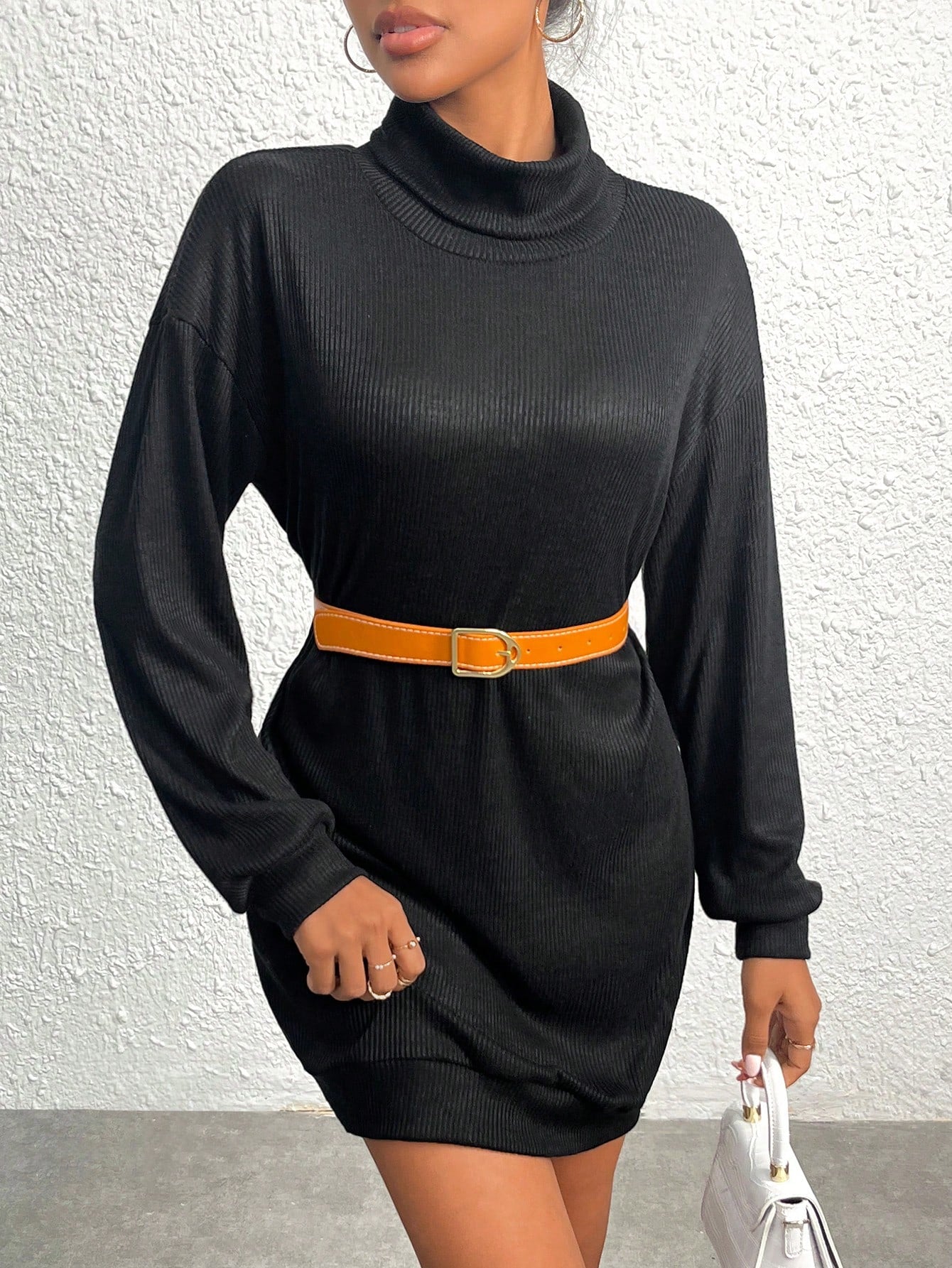 Turtleneck Drop Shoulder Dress Without Belt