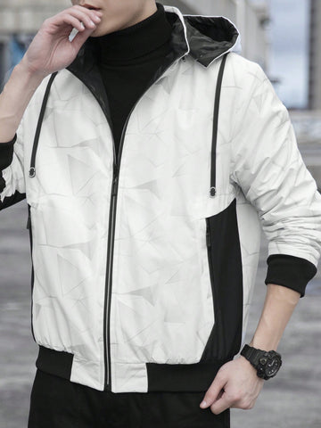 Men Geo Print Zip Up Drawstring Hooded Winter Coat