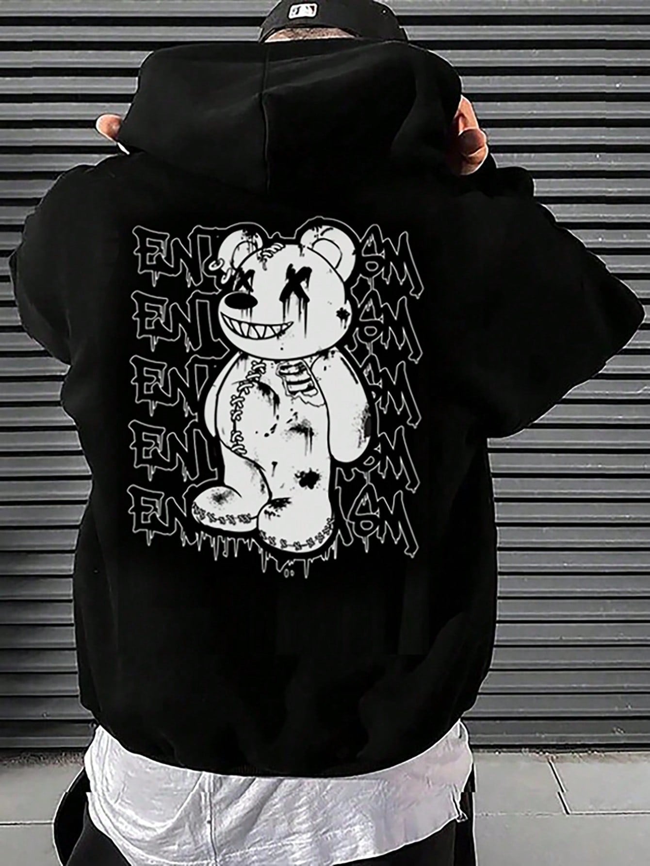 Loose Fit Men's Bear & Letter Printed Drop Shoulder Hoodie With Drawstring