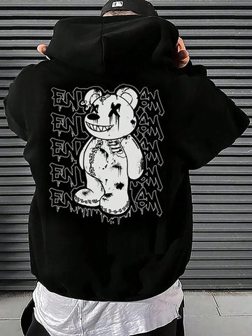 Loose Fit Men's Bear & Letter Printed Drop Shoulder Hoodie With Drawstring