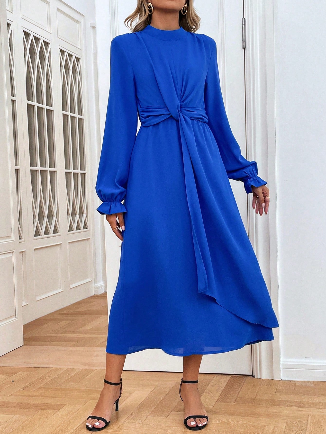 Mock Neck Flounce Sleeve Knot Front Dress