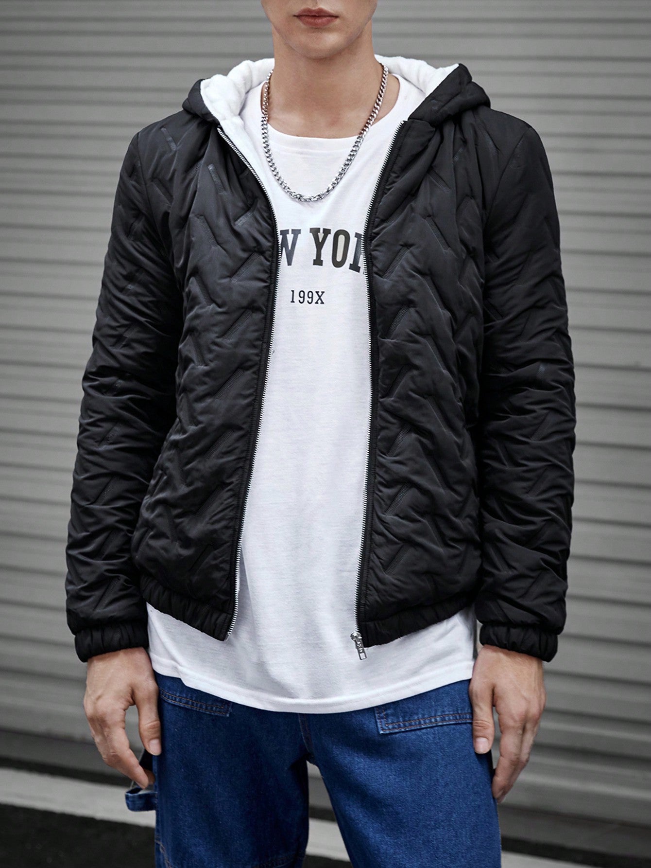 Men 1pc Zip Up Hooded Quilted Coat