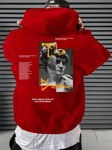 Men Slogan & Figure Graphic Kangaroo Pocket Drawstring Hoodie