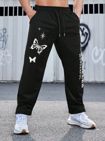 Loose Men's Butterfly & Letter Graphic Print Sweatpants With Drawstring Waist