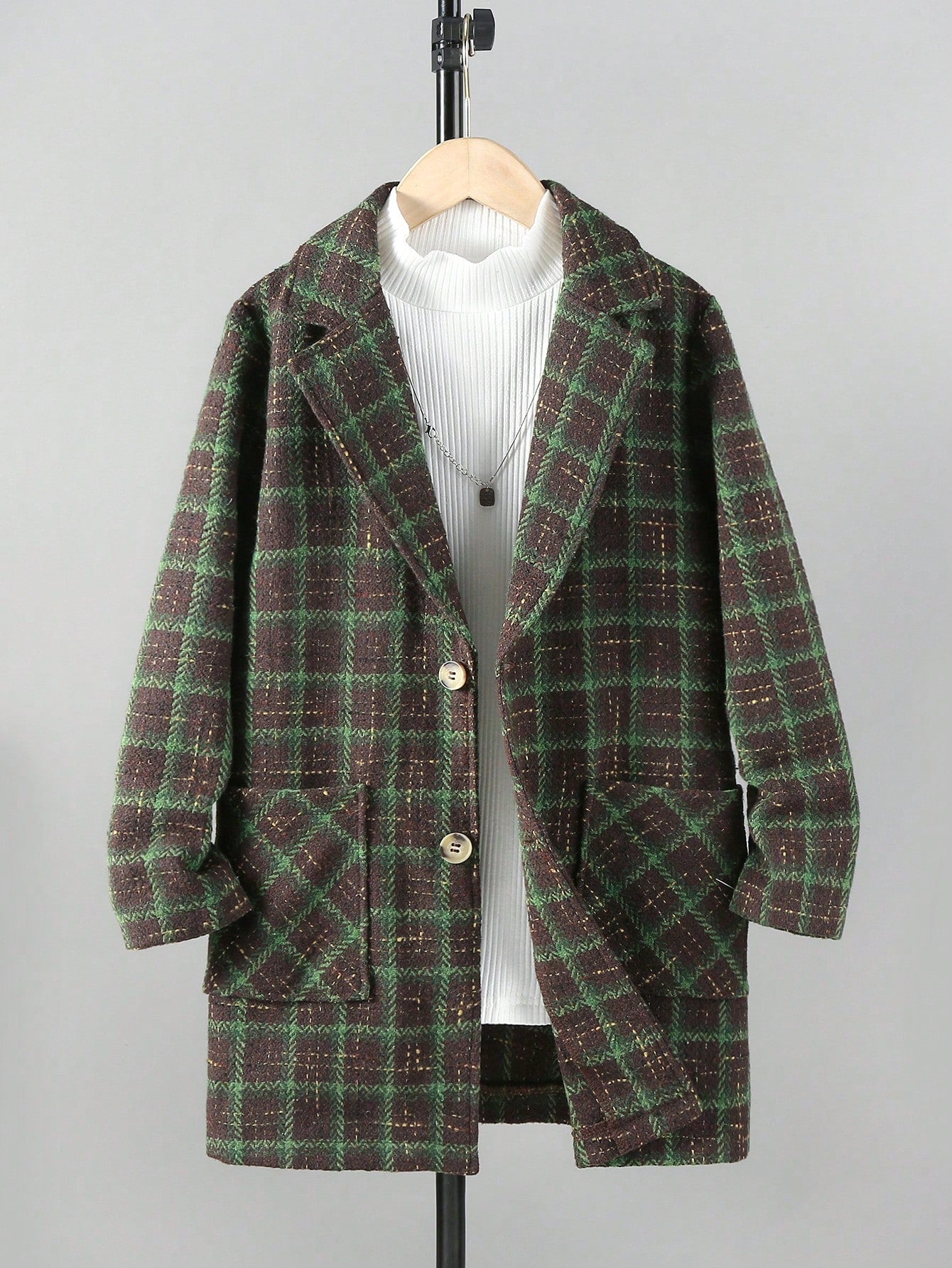 Tween Boy 1pc Plaid Lapel Collar Dual Pocket Overcoat