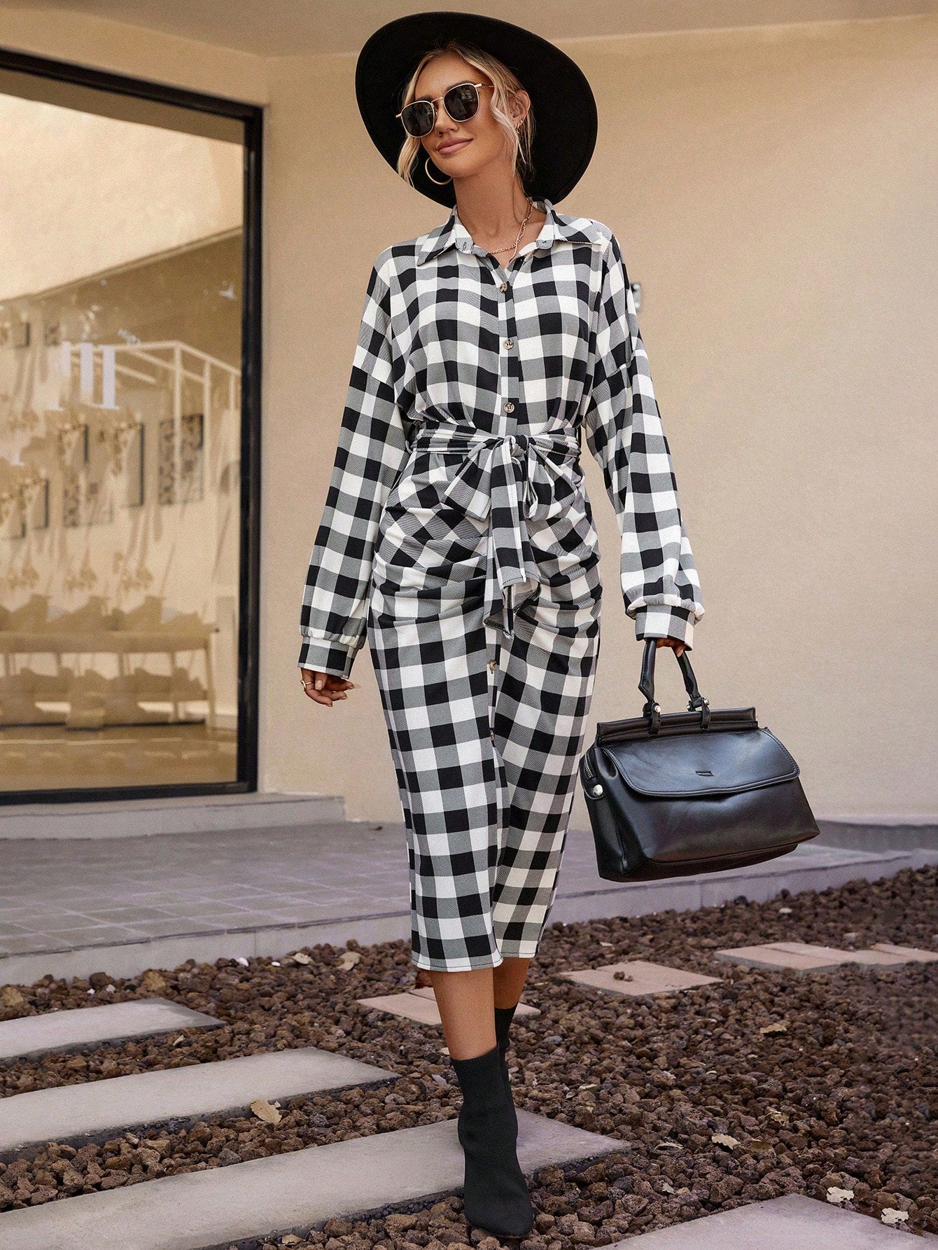 Gingham Drop Shoulder Ruched Belted Shirt Dress