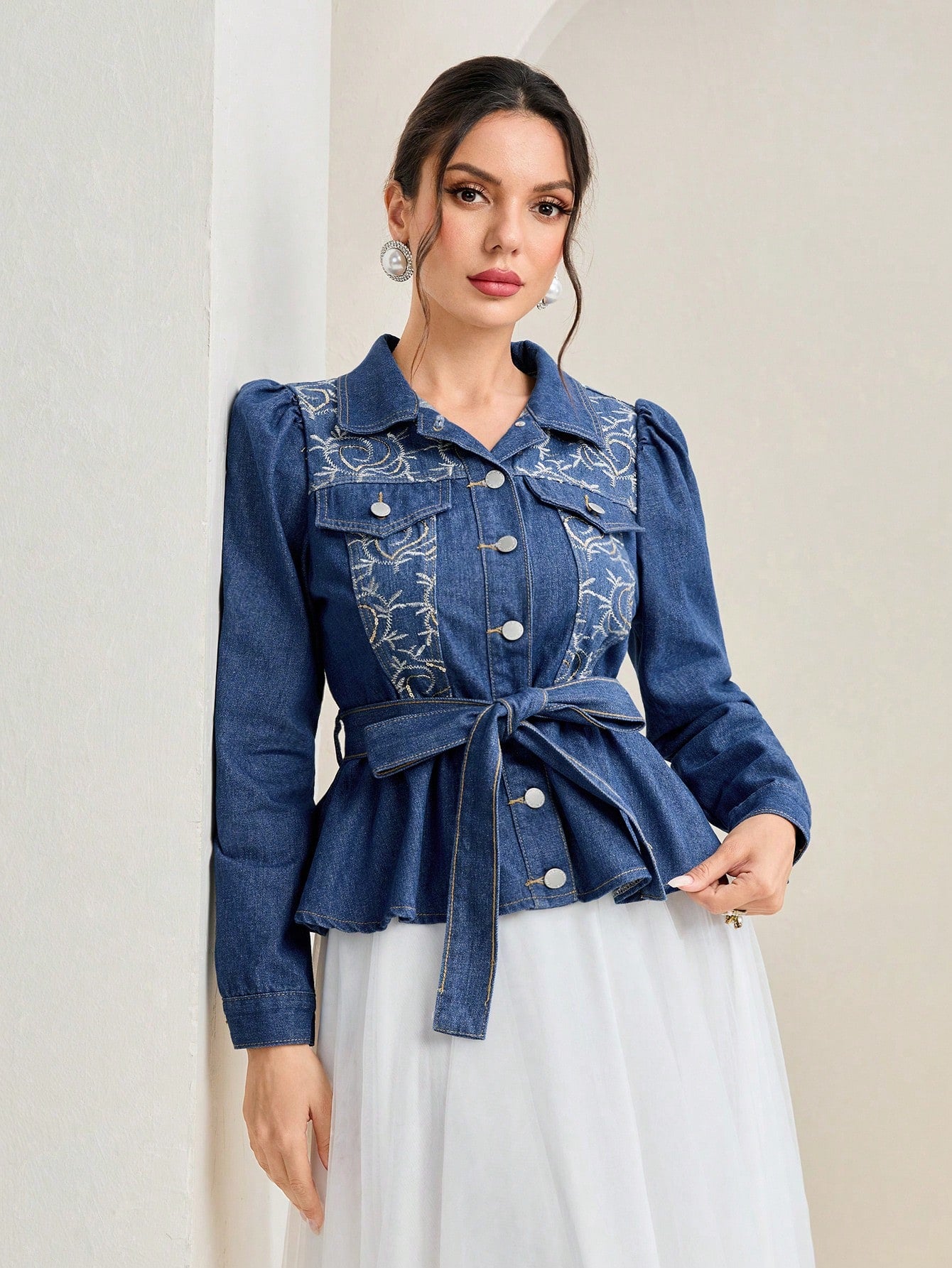 Embroidery Detail Belted Denim Blouse