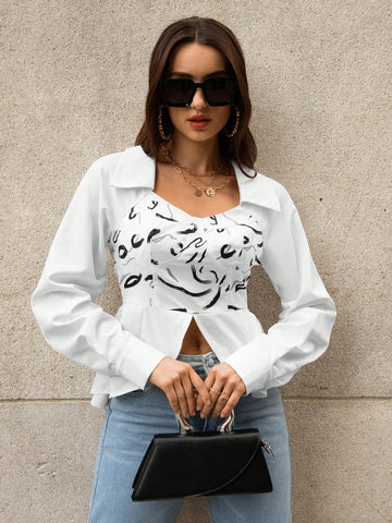 Graphic Print Asymmetrical Hem Crop Blouse