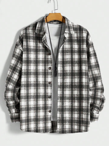 Loose Fit Men's Plaid Printed Drop Shoulder Overcoat