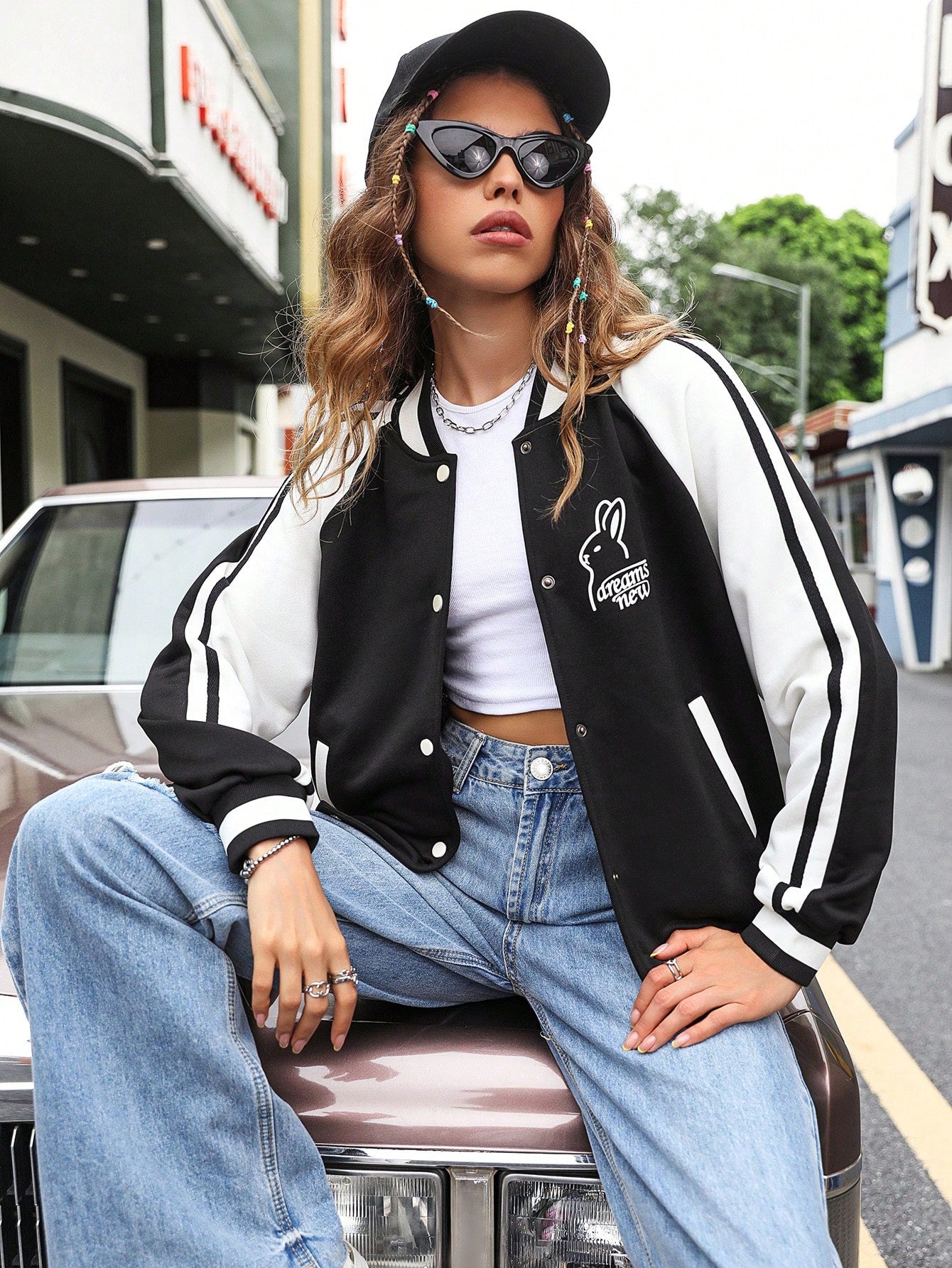 Letter Graphic Striped Trim Raglan Sleeve Varsity Jacket