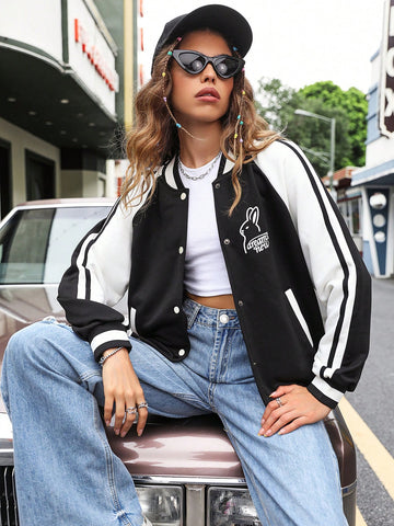 Letter Graphic Striped Trim Raglan Sleeve Varsity Jacket