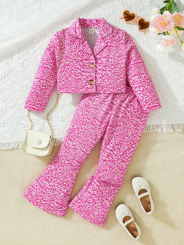 Young Girl Allover Print Jacket & Flare Leg Pants