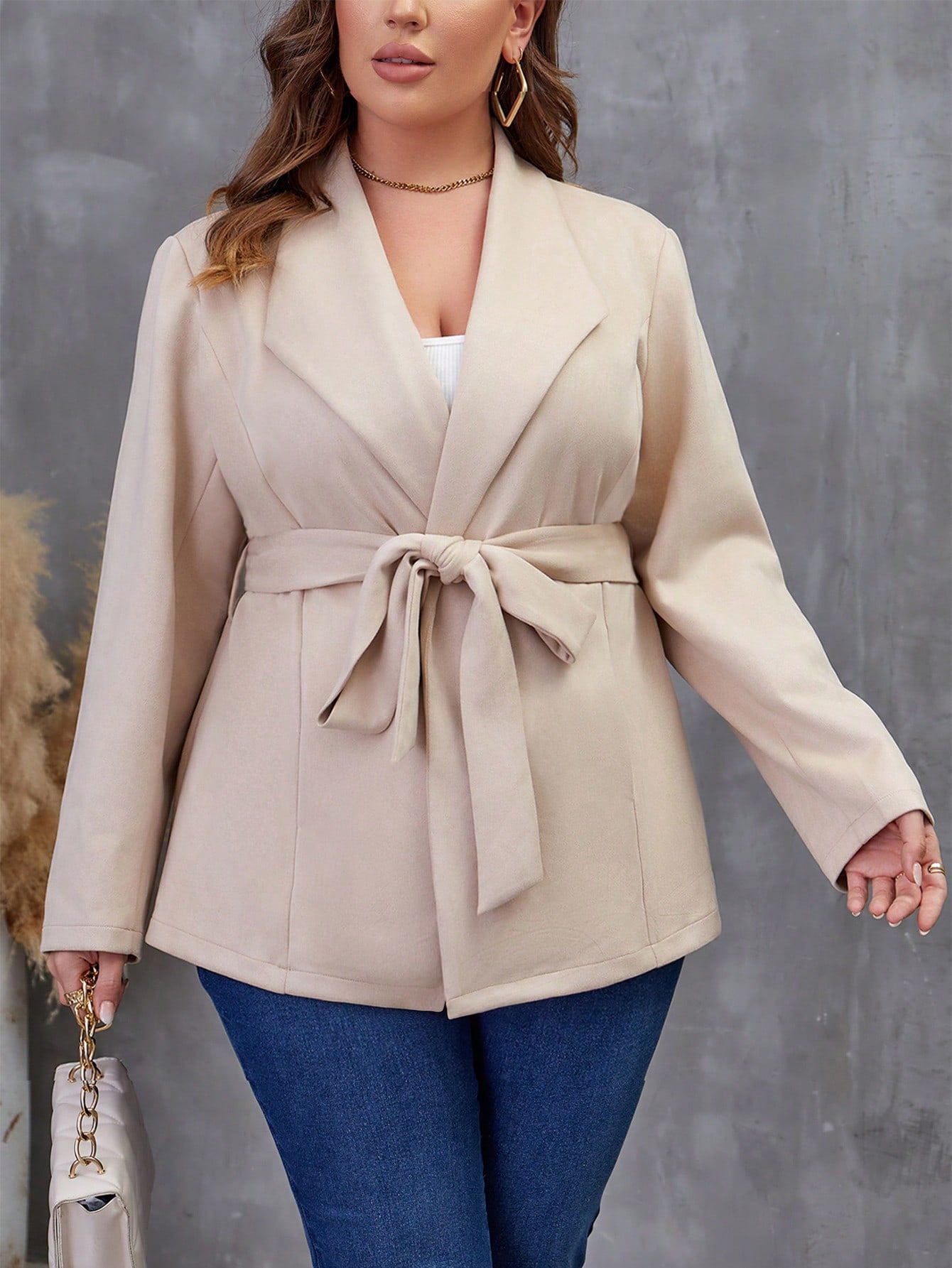 Plus Waterfall Collar Belted Coat