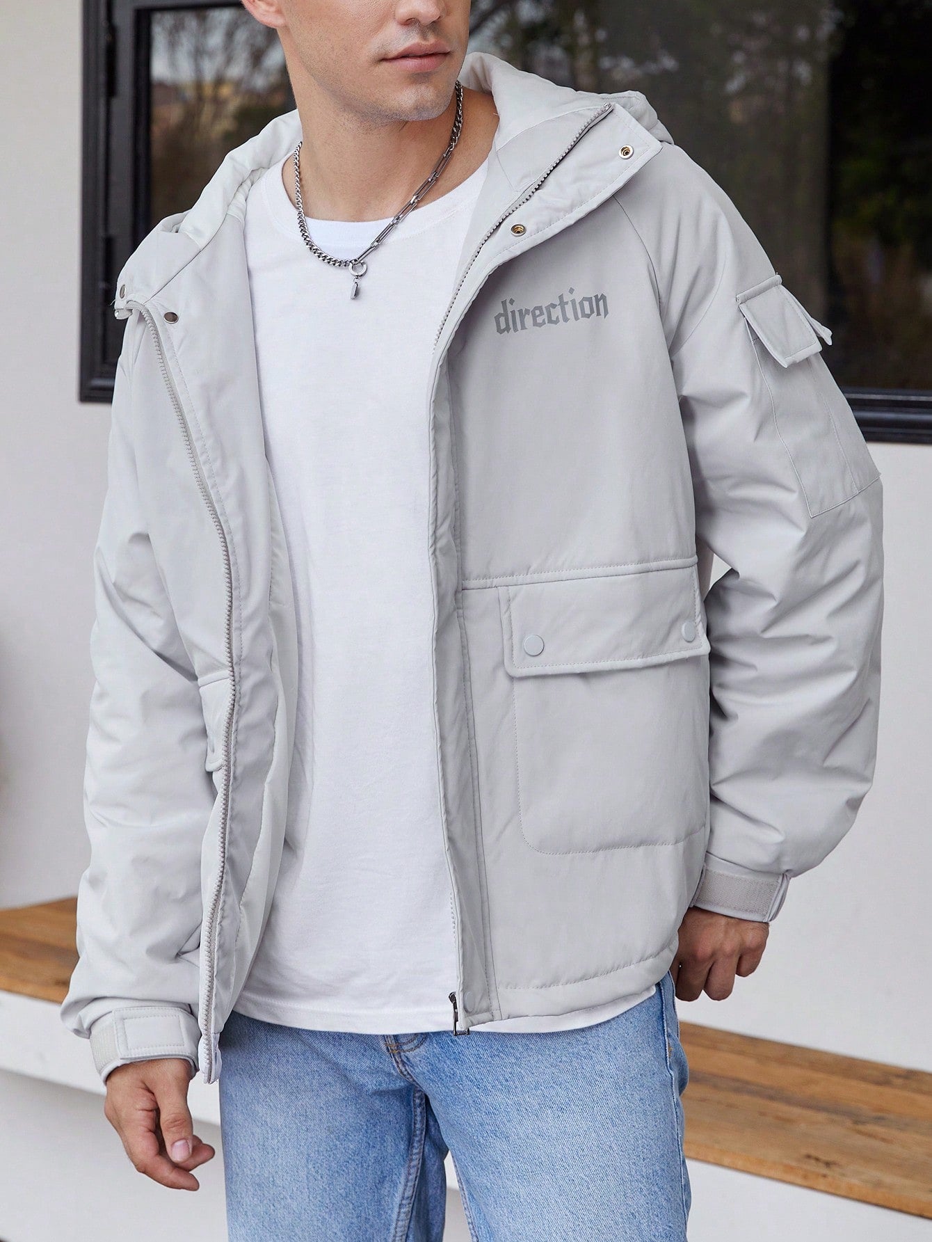 Loose Fit Men's Hooded Winter Coat With Letter Graphic And Flap Pockets