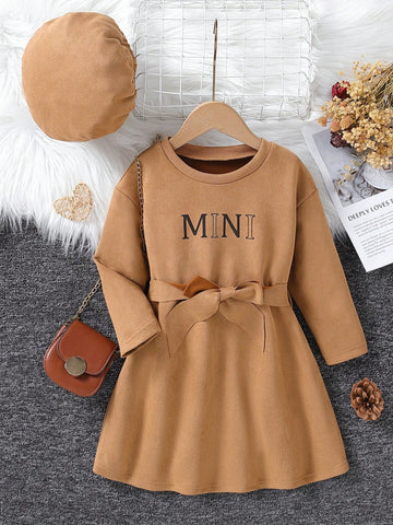 Young Girl Letter Graphic Belted Dress & Hat