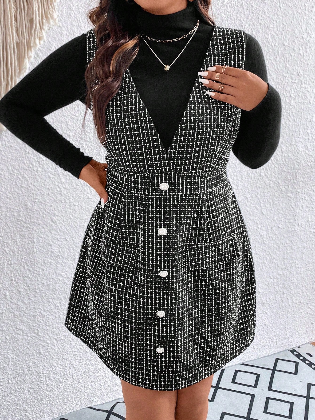 Plus Plaid Pattern Button Front Tweed Overall Dress Without Sweater