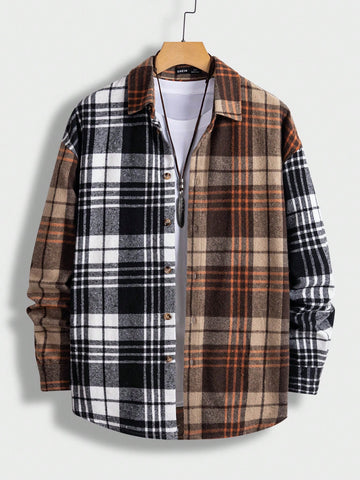 Men's Loose Fit Plaid Print Colorblock Button Front Overcoat